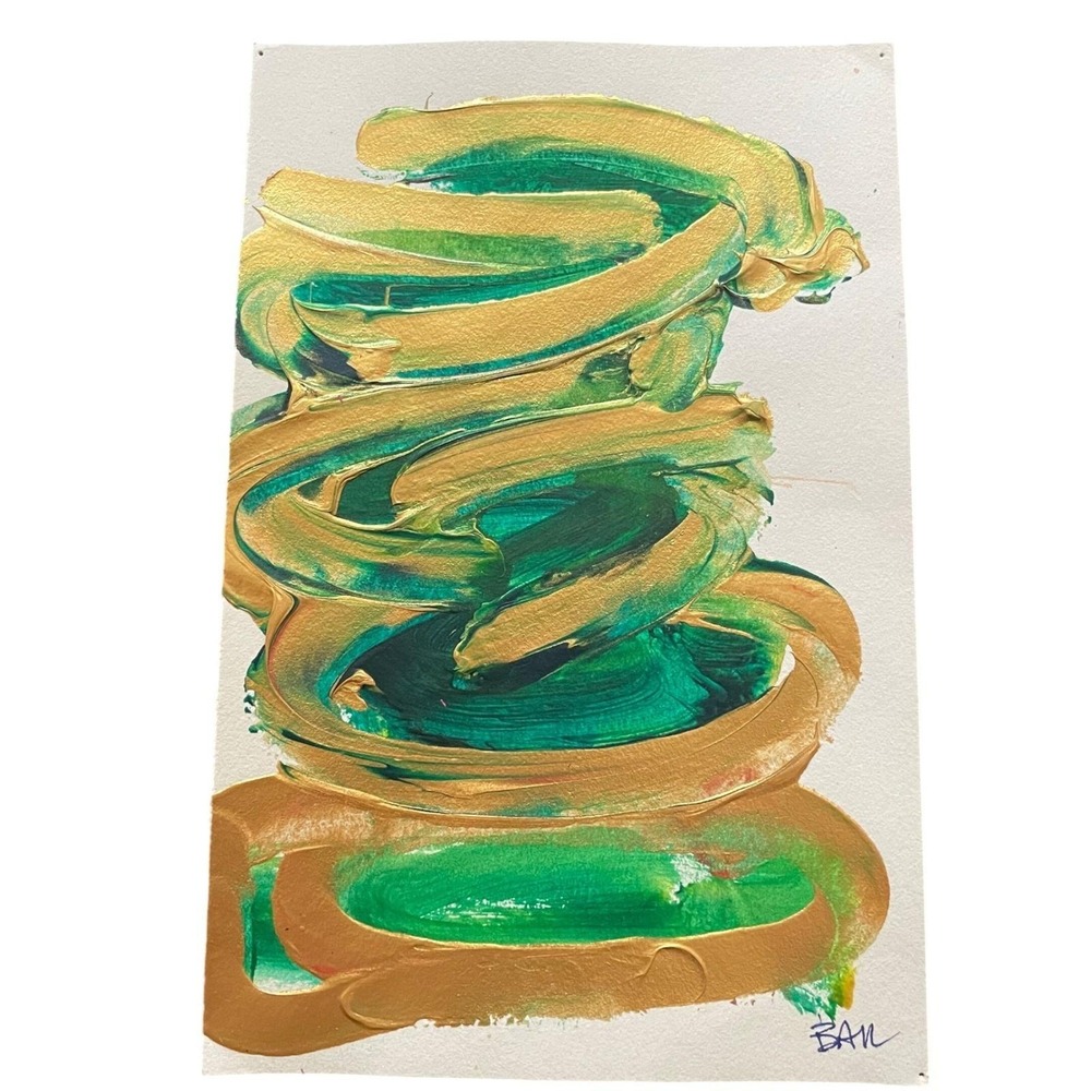 O Abstract Art Painting Gold Green Textured‎ Strokes Wall Art 5.5 x 8.5